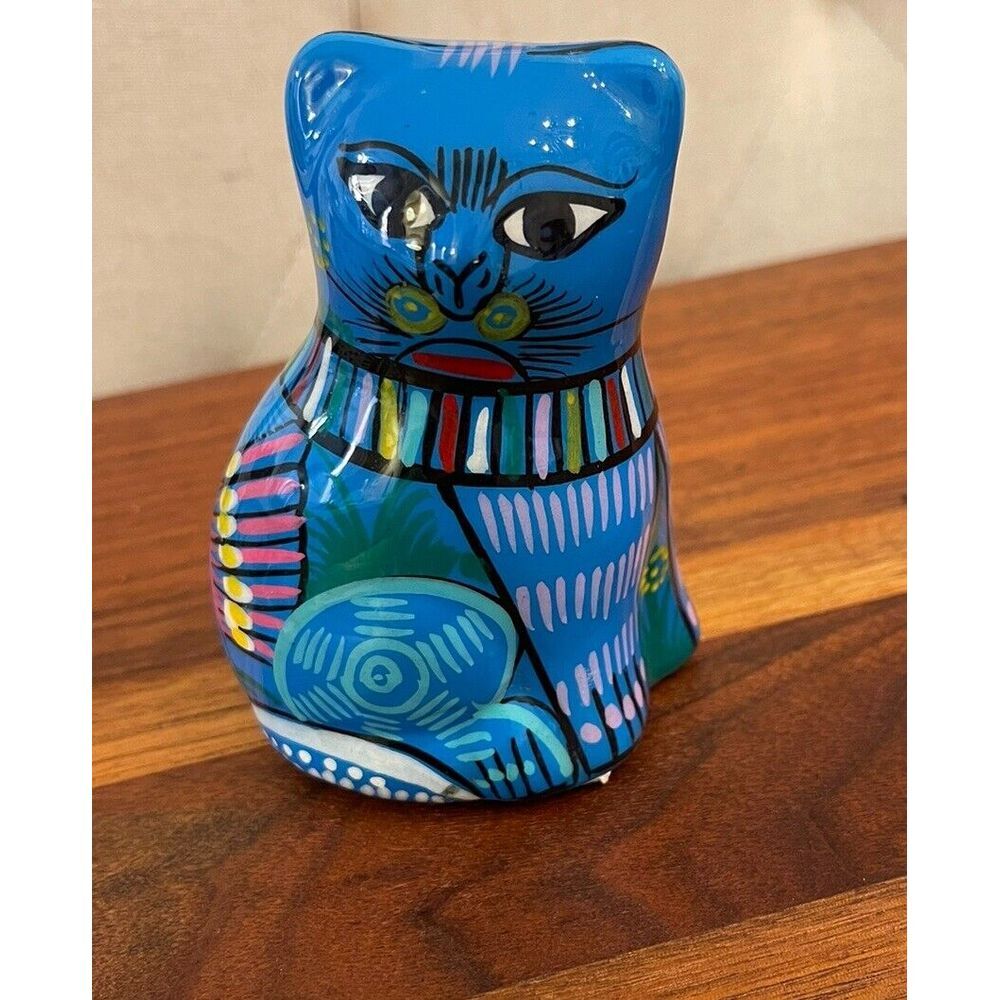 Cat Figurine Mexican Talavera Style Pottery Folk‎ Art Hand Painted Blue Colorful